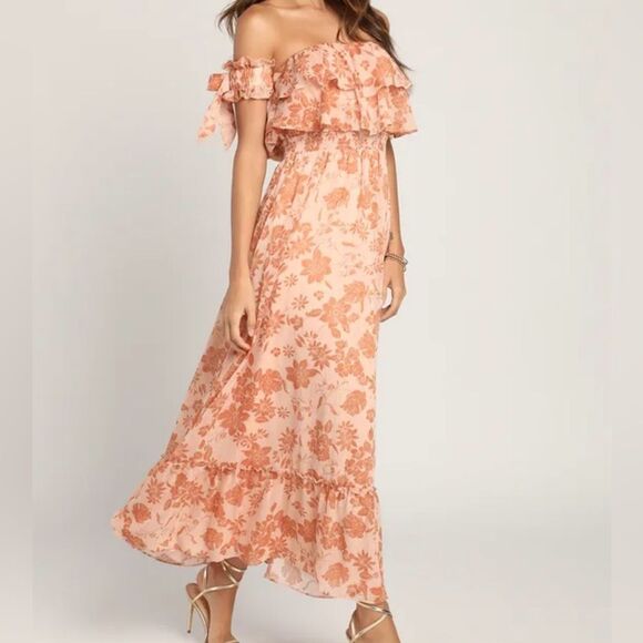 Lulus Love & Blooms Blush Floral Print Off Shoulder Dress M Peach NWT IN PKG - Picture 1 of 9